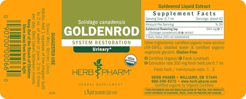 Herb Pharm Certified Organic Goldenrod Liquid Extract for Urinary System Support, 1 Fl Oz (Pack of 1)