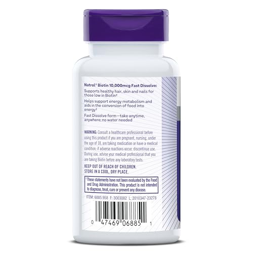 Natrol Biotin 10000mcg, 4X Faster Dissolve Supplement for Healthy Hair, Skin and Nails for Those Low in Biotin, Plus Energy Metabolism Support, 60 Tablets, Up to a 60 Day Supply