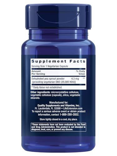 Life Extension Food Sensitivity Relief with Diamine Oxidase (DAO), Occasional Gas, Digestive Comfort, histamine Sensitivity, DAO Enzyme Supplement, Gluten Free, Non-GMO, Vegetarian, 60 Capsules