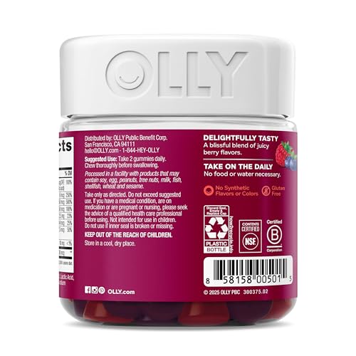 OLLY Women's Multivitamin Gummy, Vitamins A, D, C, E, Biotin, Folic Acid, Adult Chewable Vitamin, Berry Flavor, 45 Day Supply - 90 Count