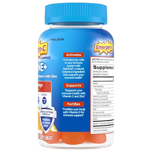 Emergen-C Immune+ Triple Action Immune Support Gummies, BetaVia (R), 1000mg Vitamin C, B Vitamins, Vitamin D and Antioxidants, Super Orange, Back to School Essentials - 45 Count