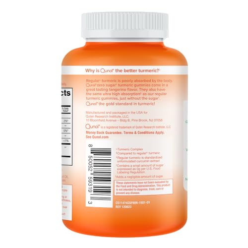 Qunol Zero Sugar Turmeric Gummies, Gummy with 500mg Turmeric Curcumin, Joint Support Supplement, Ultra High Absorption Turmeric Curcumin, Vegetarian, Gluten Free, 90 Count