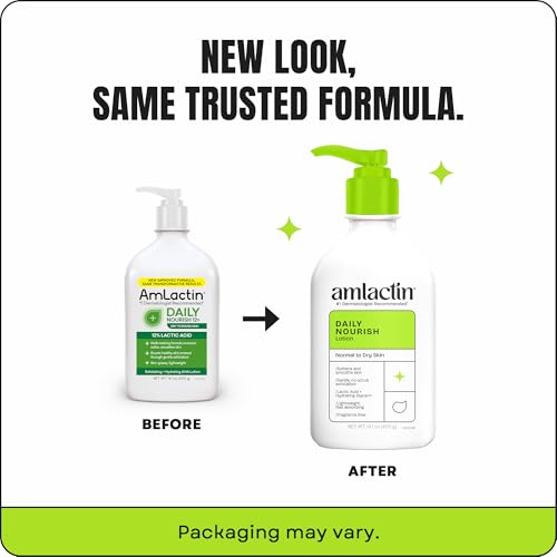 AmLactin Daily Nourish Therapeutic Body Lotion for Dry Skin - No-Scrub Exfoliator and Moisturizer 12% Lactic Acid Lotion, 14.1 oz (Packaging May Vary)