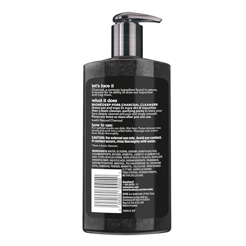 Bioré Men's Skincare Charcoal Face Wash, Deep Cleans Pores & Refreshes Skin, 6.77 Fl. Ounces