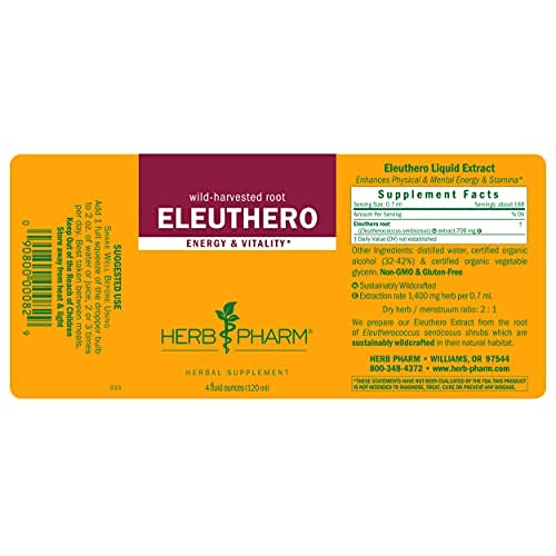 Herb Pharm Eleuthero (Siberian Ginseng) Root Liquid Extract for Energy and Stamina, Cane Alcohol, 4 Ounce