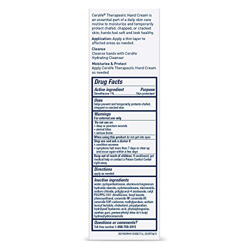 CeraVe Therapeutic Hand Cream for Dry Cracked Hands With Hyaluronic Acid and Niacinamide, Fragrance Free 3 Ounce