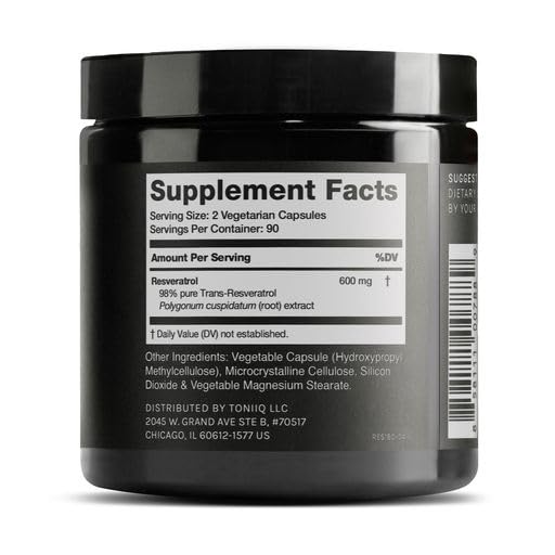 Toniiq Ultra High Purity Resveratrol Capsules - 98% Trans-Resveratrol - Highly Purified and Bioavailable - 180 Caps Reservatrol Supplement
