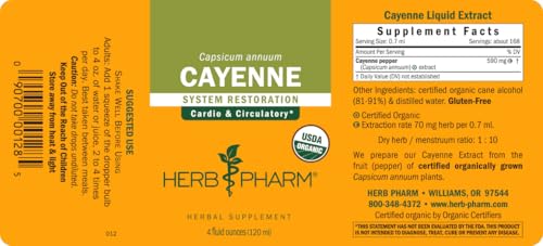 Herb Pharm Certified Organic Cayenne Liquid Extract for Cardiovascular and Circulatory Support - 4 Ounce, Brown