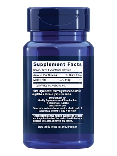 Life Extension Melatonin, 300 mcg, Gentle Sleep Support, Healthy circadian Rhythms, Cellular Defense, Gluten-Free, Non-GMO, Vegetarian, 100 Capsules