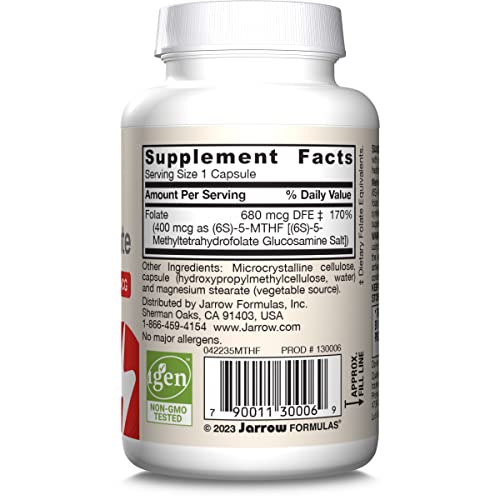 Jarrow Formulas Extra Strength Methyl Folate 400 mcg, Dietary Supplement for Cardiovascular and Neurologic Health Support, 60 Veggie Capsules, 60 Day Supply