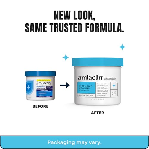 AmLactin Intensive Healing - Therapeutic Body Cream for Extremely Dry Skin - No-Scrub Exfoliator and Body Moisturizer Cream with 15% Lactic Acid AHA and Ceramides, 12 oz (Packaging May Vary)