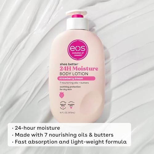 eos Shea Better Body Lotion Strawberry Dream, 24-Hour Moisture Skin Care, Lightweight & Non-Greasy, Natural Shea, Vegan, Strawberry Body Lotion, 16 fl oz