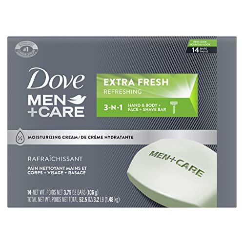 Dove Men+Care Bar 3 in 1 Cleanser for Body, Face, and Shaving Extra Fresh 14 Bars to Clean and Hydrate Skin Body and Facial Cleanser Mandarin Citrus, Patchouli, and Rosemary scent 3.75 oz