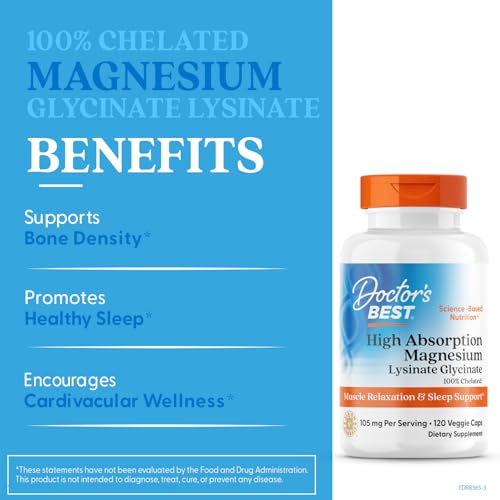 Doctor's Best High Absorption Magnesium Glycinate Lysinate Supplement for Sleep Support - Chelated Magnesium Capsules for Women & Men, 105 mg per Serving, Calm Support, Vegan - 120 Veg Caps