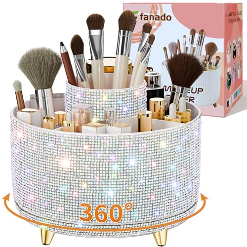 Image 2 of Diamond white AB for the product fanado Bling Diamond Makeup Brush Holder, 360° Rotating Makeup Organizer, 5 Slot Make up Brushes Cup for Countertop, Storage for Cosmetics Pen Eyeliner Skincare on the Vanity (Diamond white)