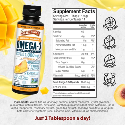 Image 6 of Barlean's Mango Peach Omega-3 Fish Oil, Vitamin D, 8oz