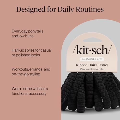 Image 7 of Kitsch Ribbed Hair Ties No Damage - Black, 10pcs