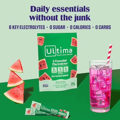 Image 3 of Ultima Replenisher Electrolyte Powder Drink Mix Bundle ? Sugar Free ? Watermelon, 30 Serving Canister and 20 Stickpacks ? 6 Electrolytes and Minerals ? Keto Friendly, Vegan, Non-GMO