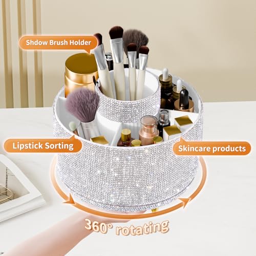 Image 3 of fanado Bling Diamond Makeup Brush Holder, 360° Rotating Makeup Organizer, 5 Slot Make up Brushes Cup for Countertop, Storage for Cosmetics Pen Eyeliner Skincare on the Vanity (Diamond white)