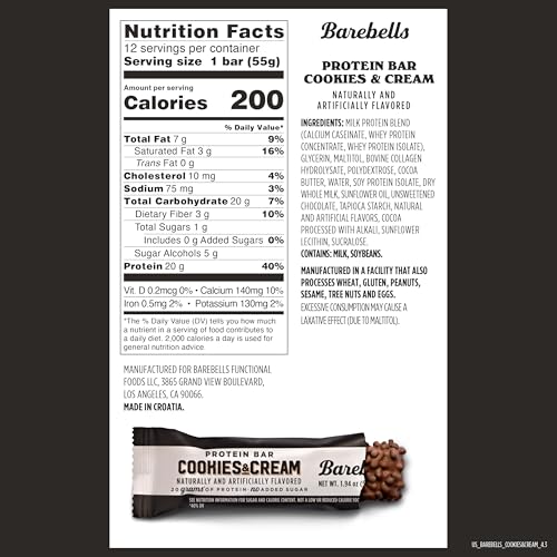 Image 2 of BAREBELLS Protein Bars Cookies & Cream - 12 Count, 20g High Protein Treats