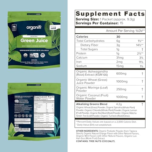 Image 2 of Organifi GO Packs - Green Juice - Organic Superfood Supplement Powder - 15 Travel Packs