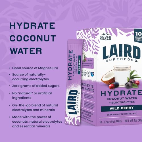 Image 4 of Laird Superfood Hydrate Coconut Water Electrolyte Drink Mix 10 Single Serve Sticks
