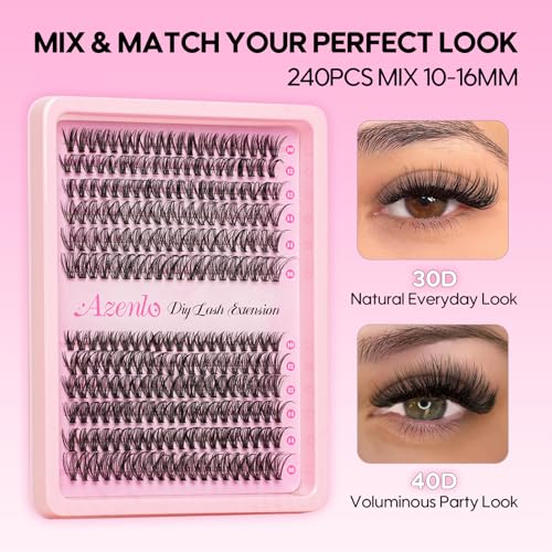 Image 3 of Azenlo Lash Clusters Kit, 240pcs DIY Lash Extensions Kit, 30D+40D Thin Band Lash Clusters, 10-16mm Soft Natural Volume Lashes for Beginners
