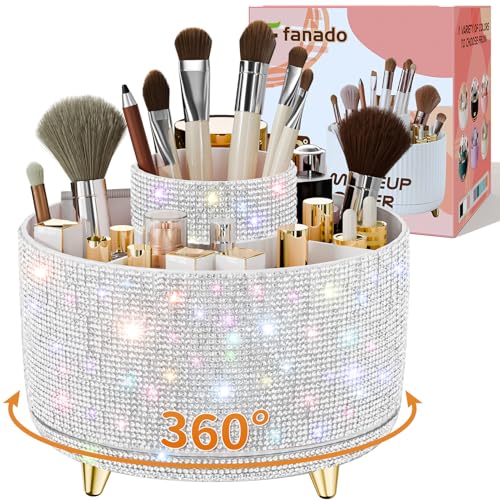 Image 1 of Diamond white for the product fanado Bling Diamond Makeup Brush Holder, 360° Rotating Makeup Organizer, 5 Slot Make up Brushes Cup for Countertop, Storage for Cosmetics Pen Eyeliner Skincare on the Vanity (Diamond white)