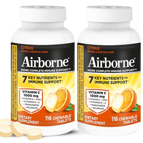 Image 1 of Default Title for the product Airborne 1000mg Vitamin C  Zinc Immune Support Supplement Chewable Tablets, Citrus Flavor, 116 Tablets (2 Pack)