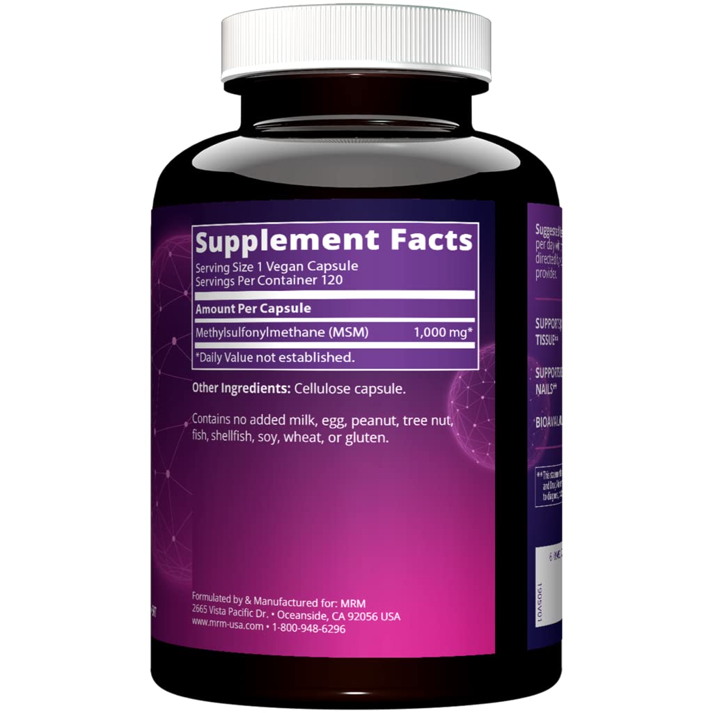 MRM Nutrition MSM 1000mg - For Women & Men - Pure Methylsulfonylmethane Capsules, Bioavailable MSM Supplement for Joint, Hair, Skin & Nail Support, Vegan, Gluten‑Free, Non‑GMO Formula - 120 Servings