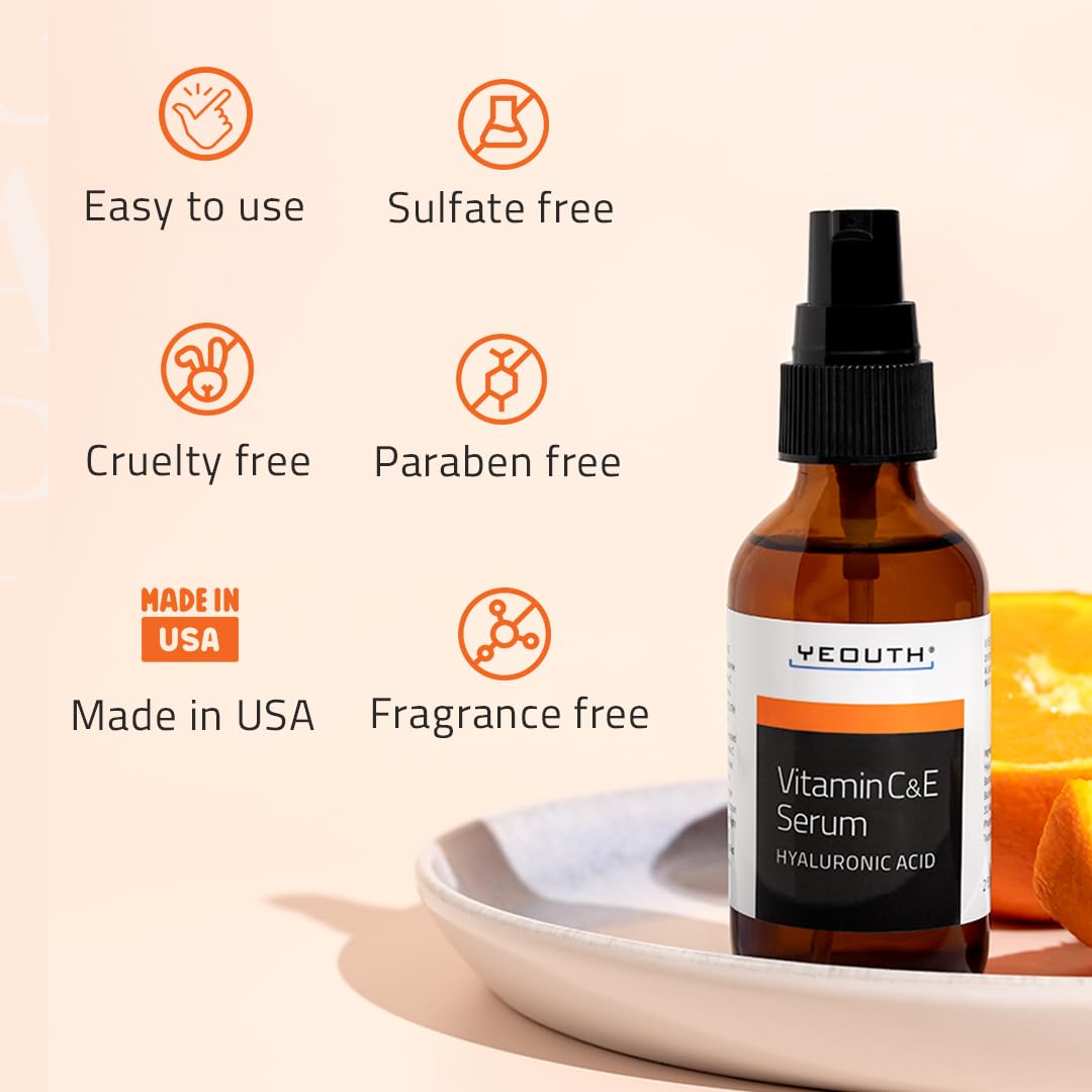 YEOUTH Vitamin C Face Serum with Vitamin E and Hyaluronic Acid, Hydrating Vitamin C Serum for Face, Targets the Appearance of Dull Spots 2oz