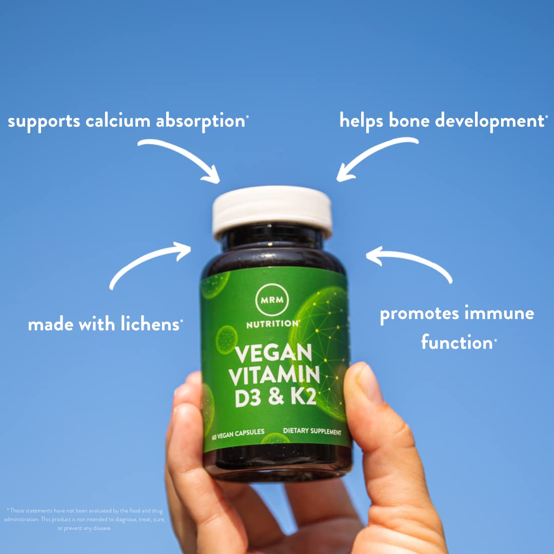 MRM Nutrition Vegan Vitamin D3 & K2 - For Women & Men - Plant‑Based D3 from Lichens with MK‑7 Vitamin K2, Vegan Calcium Absorption Support for Bone & Immune Health, Certified Non‑GMO - 60 Servings