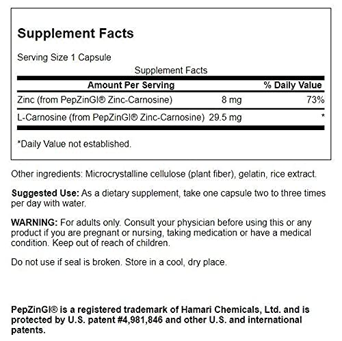 Swanson Ultra Zinc Carnosine (PepZinGI) - 60 Capsules - Natural Supplement for Gastric Health, Digestive Support, and Stomach Microbial Balance (3 Pack)