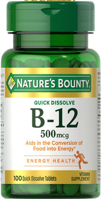 Thumbnail for Nature's Bounty Vitamin B12, Supports Energy Metabolism and Nervous System Health, 500mcg, 100 Quick Dissolve Tablets