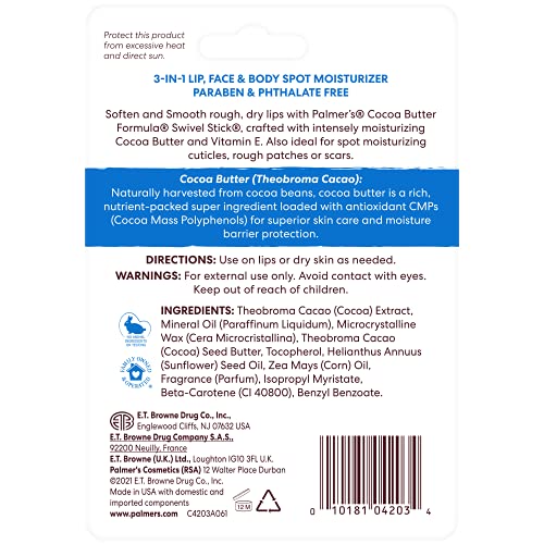 Palmer's Cocoa Butter Formula Moisturizing Swivel Stick with Vitamin E, Lip Balm for Valentine's Day, Face & Body Moisturizer Stick, Ideal for Treating Dry Skin Patches (Pack of 3)