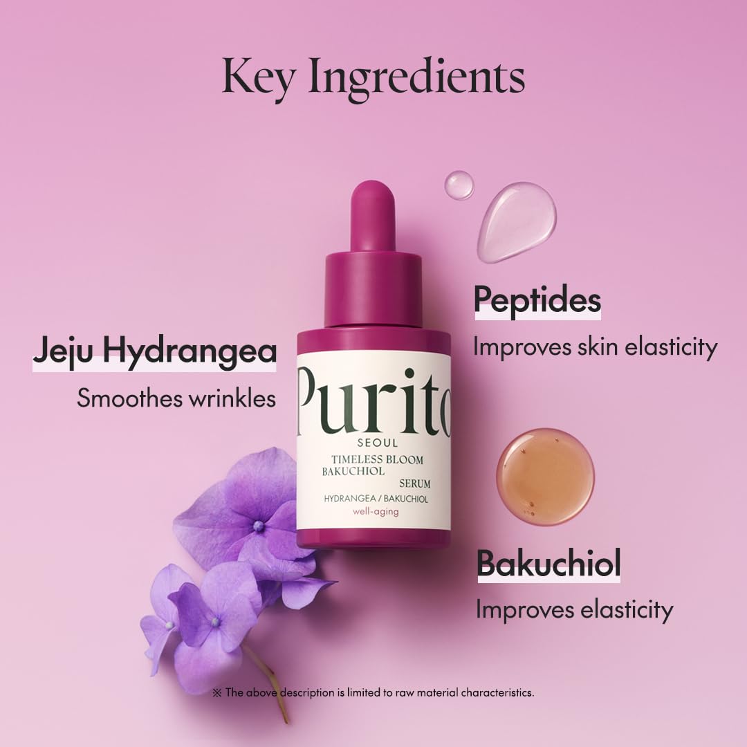 PURITO SEOUL Timeless Bloom Bakuchiol Serum, Korean Jeju Hydrangea, for Sensitive Skin, Ampoule, Fine Line Reduction, Anti Aging Facial Serum for face, K-Beauty, 30ml 1fl.oz