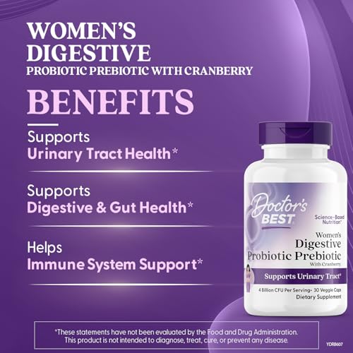 Doctor's BEST Womens Digestive Probiotic Prebiotic with Cranberry and PreforPro (4 Billion CFU), Supports Urinary Tract, Non-GMO, Vegan 30 Veggie Caps