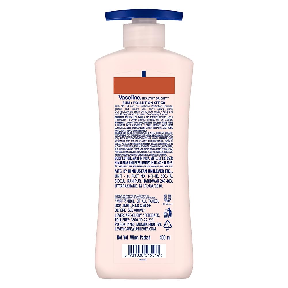 Vaseline Healthy Bright Sun Protection Body Lotion SPF 30 400 ml, Daily Moisturizer for Dry Skin, Gives Non-Greasy Glowing Skin - For Men & Women