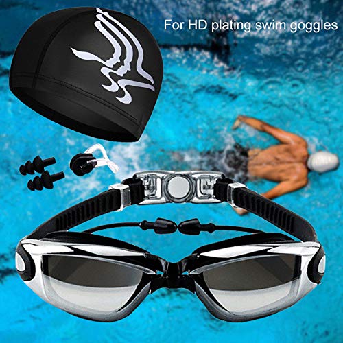 Aokelily Swim Goggles and Cap Set 4 in 1, UV 400 Protection Lenses Clear Anti-Fog Swimming Goggles Waterproof No Leaking with Nose Clip + Ear Plugs for Adult Men Women Kids (Black)