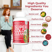 Thumbnail for Health Plus Super Colon Cleanse 60 Day Supply of Gentle Gut Cleanse Detox, Psyllium Husk, Probiotics for Constipation Relief & Digestive Support, 240 Capsules