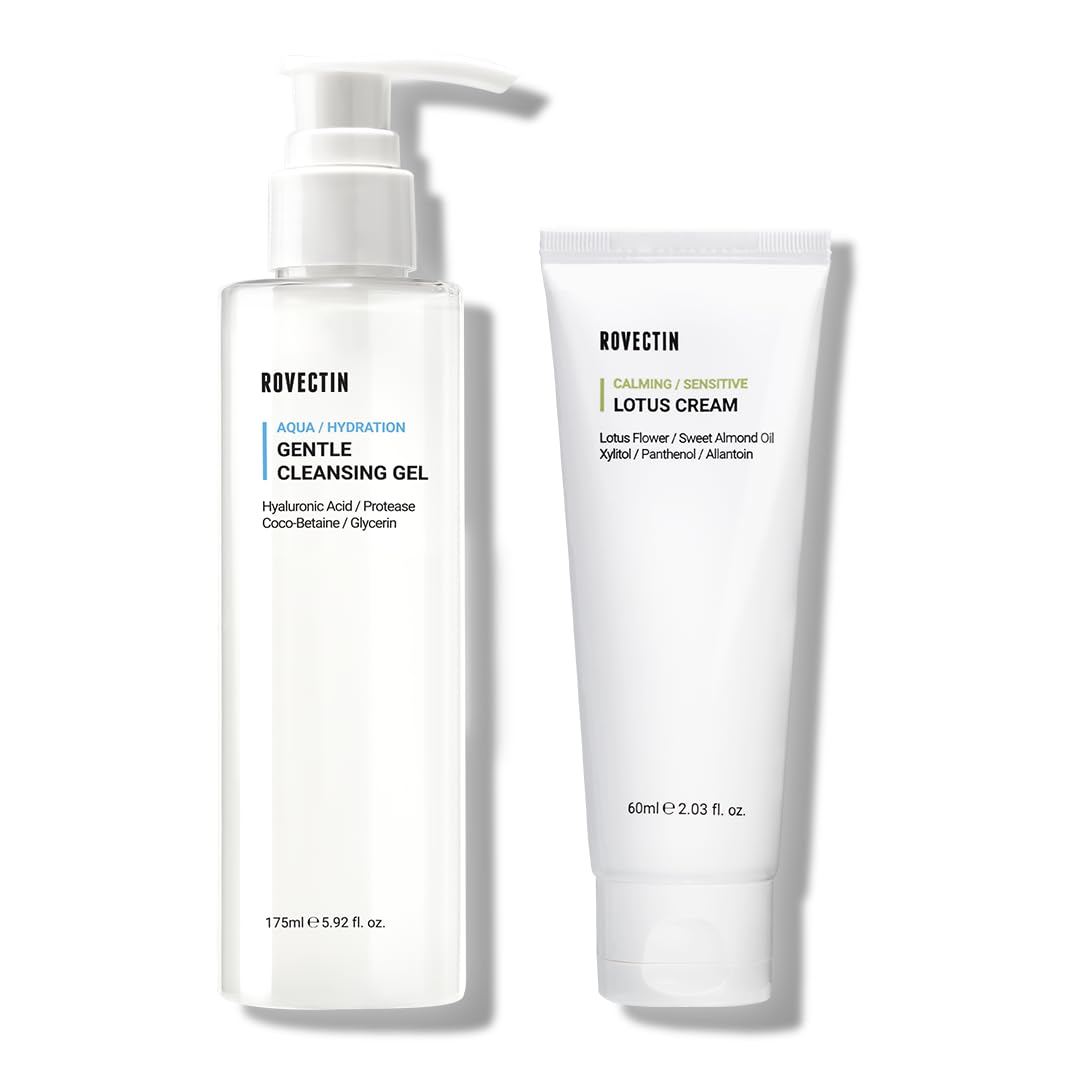 ROVECTIN Calming Lotus Water Cream (2.1 fl.oz) Moisturizer + Aqua Cleansing Gel (5.9 fl. oz) pH Balanced Facial Wash | Vegan Korean Skincare Bundle [2 Pack]