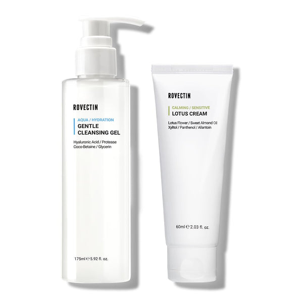 ROVECTIN Calming Lotus Water Cream (2.1 fl.oz) Moisturizer + Aqua Cleansing Gel (5.9 fl. oz) pH Balanced Facial Wash | Vegan Korean Skincare Bundle [2 Pack]