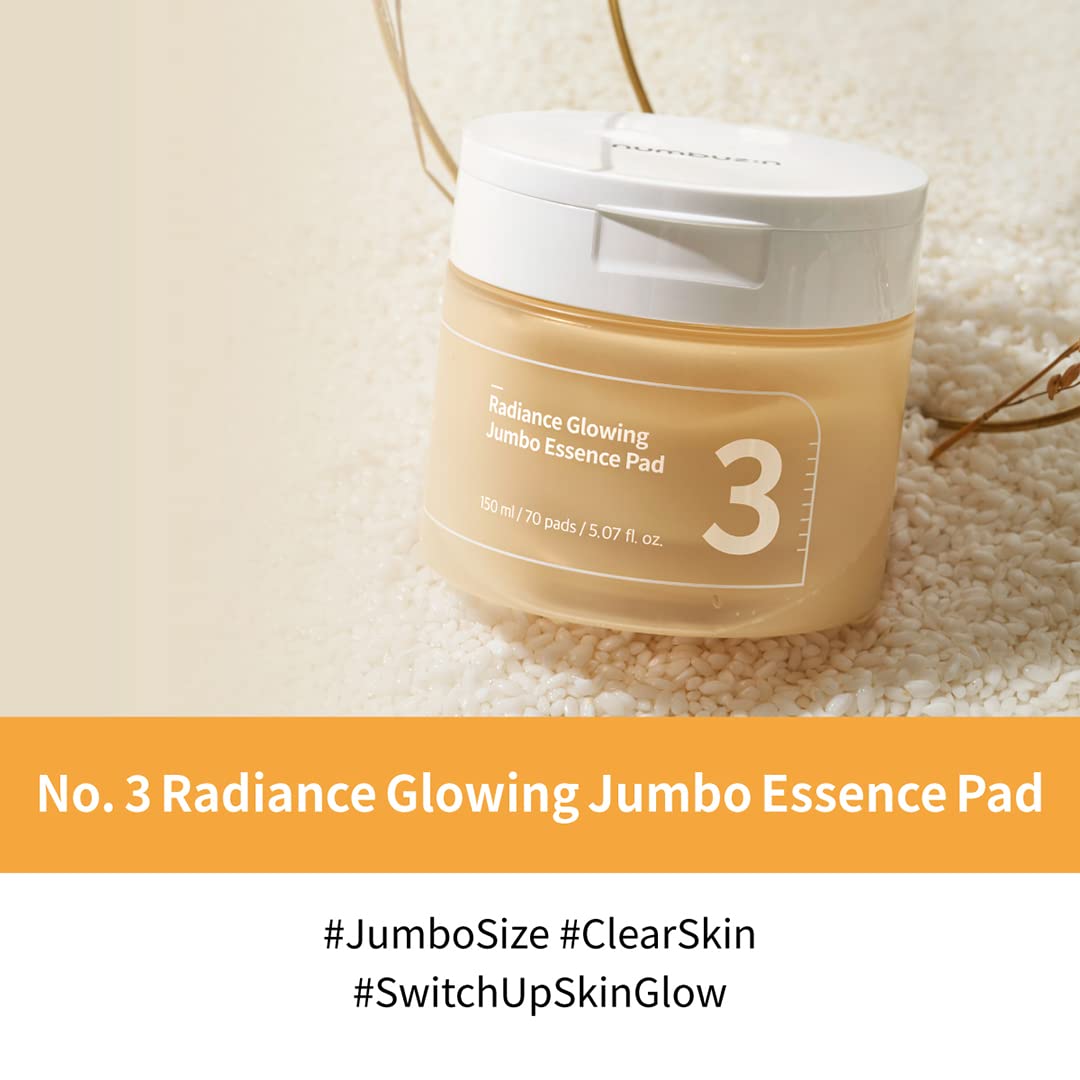 numbuzin No.3 Toner Pads | Radiance Glowing Jumbo Essence Pad | Clear Glass Skin, Texture Care | Biodegradable Vegan Pads, Fermented Ingredients, Niacinamide | 70 pads/5.07 fl. oz.