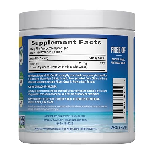 Natural Vitality Calm, Magnesium Supplement, Anti-Stress Drink Mix Powder, Gluten Free, Vegan, & Non-GMO, Sweet Lemon, 8 oz