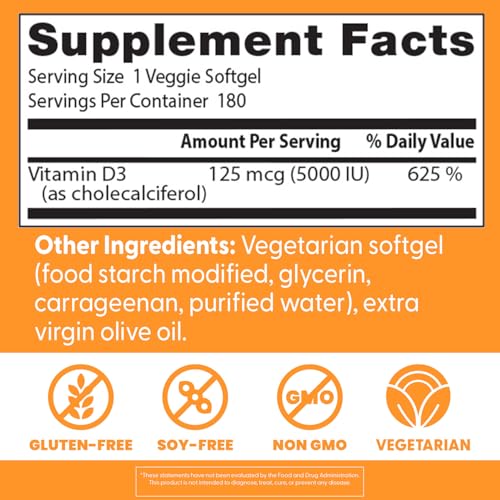 Doctors Best Vitamin D3 5000 IU, Supports Heart, Bones, & Immunity, Non-GMO, Gluten Free, Soy Free, Vegetarian 180 Veggie Softgels