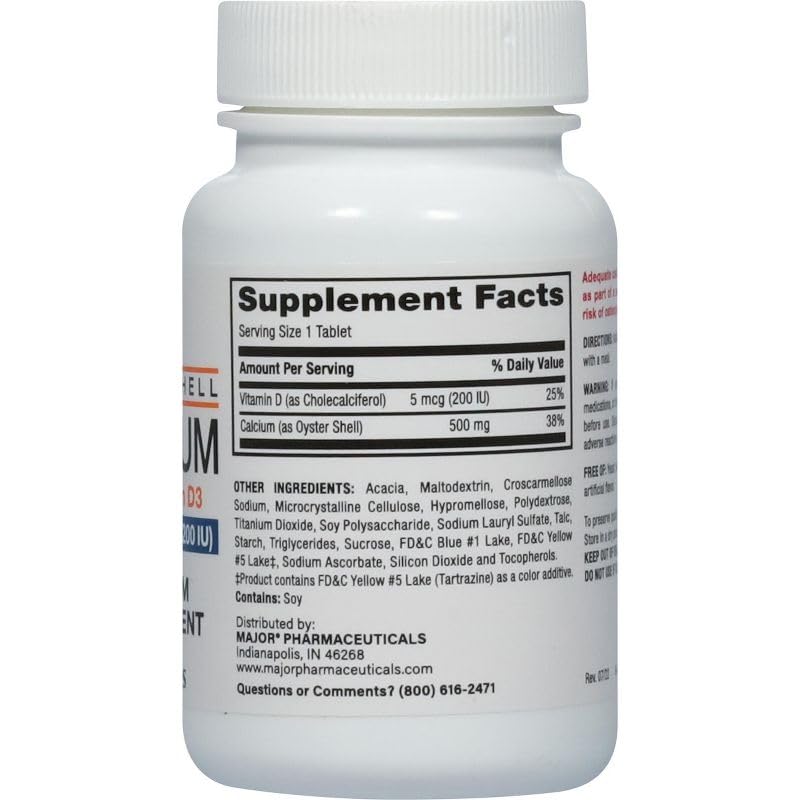 Major Oyster Shell Calcium with Vitamin D3 500 mg / 5 mcg (200 IU) - Calcium Supplement - 60 Tablets