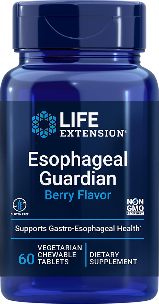 Life Extension Esophageal Guardian, alginic Acid, Potassium Bicarbonate, get Long-Lasting Relief from gastric Distress, Vegetarian, Non-GMO, Gluten-Free, 60 Vegetarian chewable Tablets
