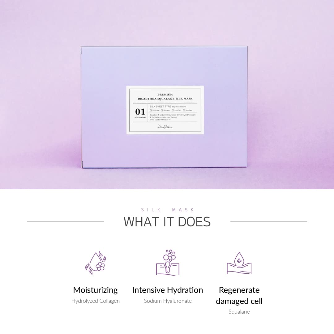 Dr.Althea Premium Squalane Silk Mask | Hydrolized Collagen for Intensive Hydration| Nourishing and Helps Repair Damaged Skin | Korean Sheet Mask | Pack of 5