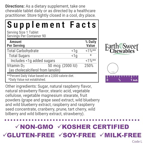 Bluebonnet Nutrition Earth Sweet Vitamin D3 2000 IU Chewable Tablets, Aids in Muscle and Skeletal Growth, D3, Non GMO, Gluten, Free, Soy Free, Milk Free, Kosher, 90 Chewable Tablets, Raspberry Flavor