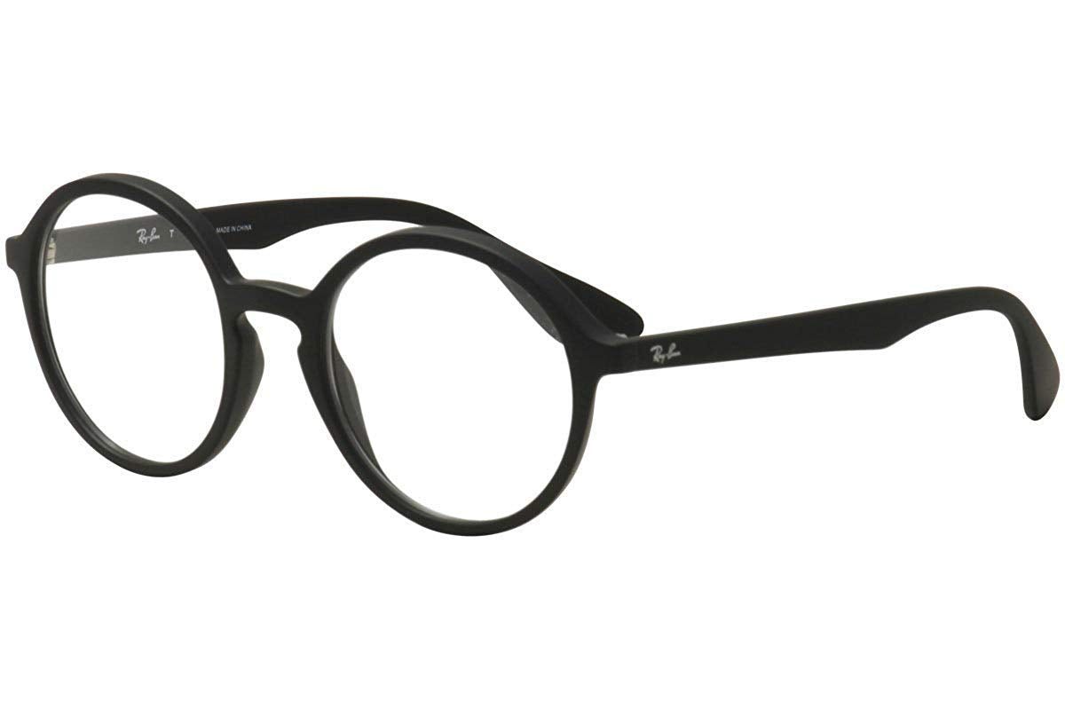 Ray-Ban RX7075 Round Prescription Eyeglass Frames, Rubber Black & Black/Demo Lens, 49 mm